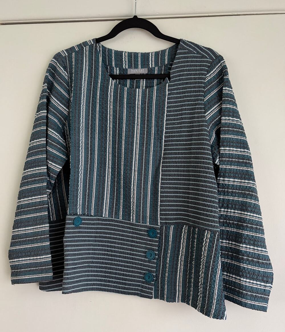 Habitat Clothes To Live In Top S Teal Striped Seersucker Button Accent Blouse
